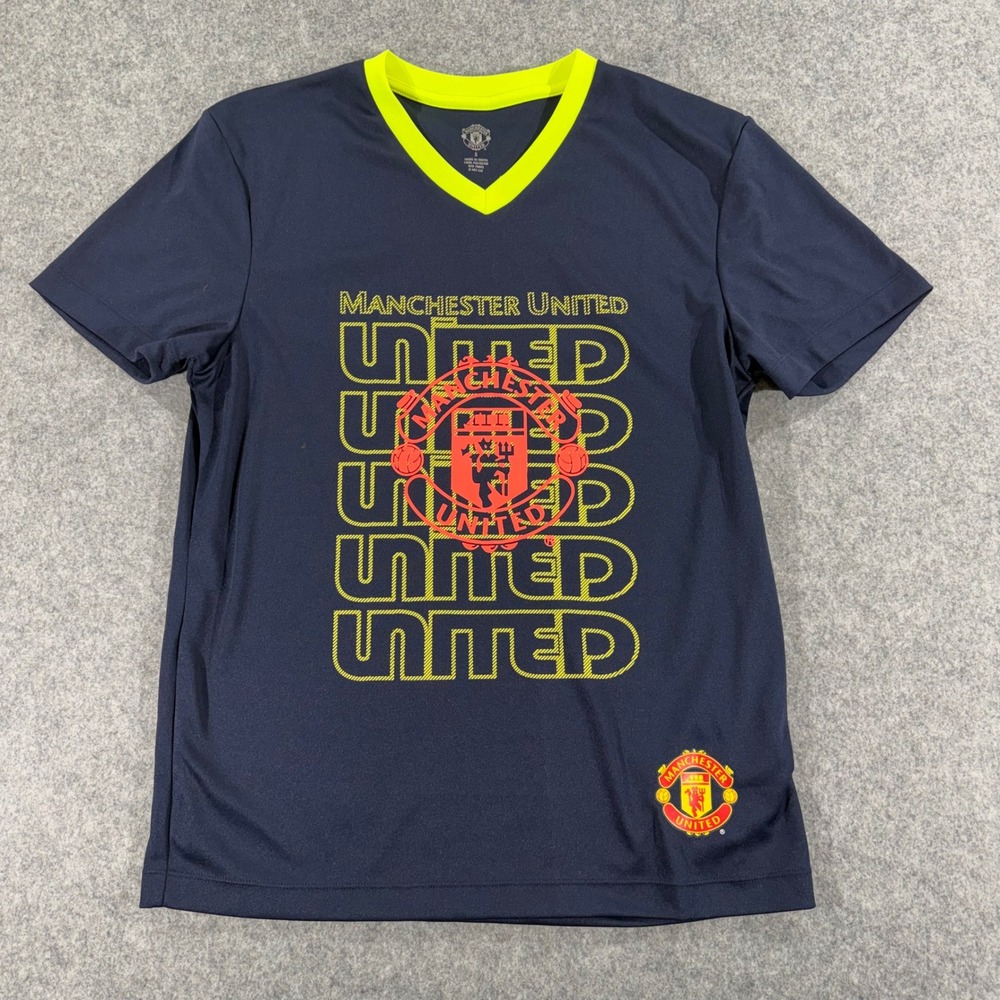 Manchester United Soccer Jersey Mens Small Navy Blue Neon Yellow‎ V-Neck Shirt